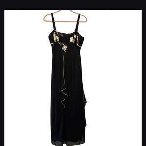Vintage Y2K 100% Silk Maxi Dress EU46/US 14 Black Floral Embellished Sleeveless